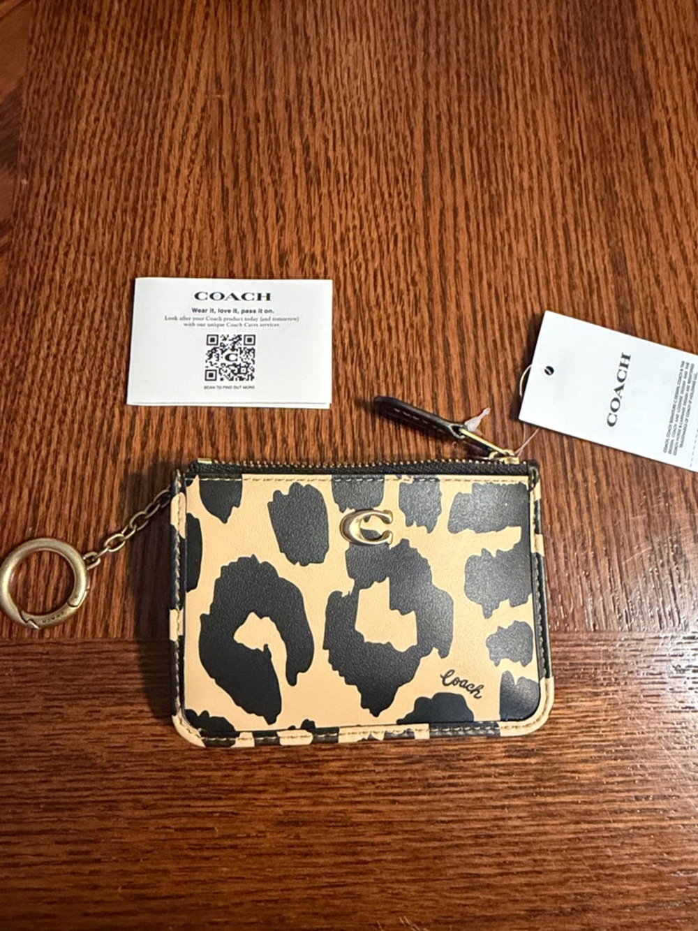 Coach Leopard-Print Zip Card Case with Key Ring - Beige & Black